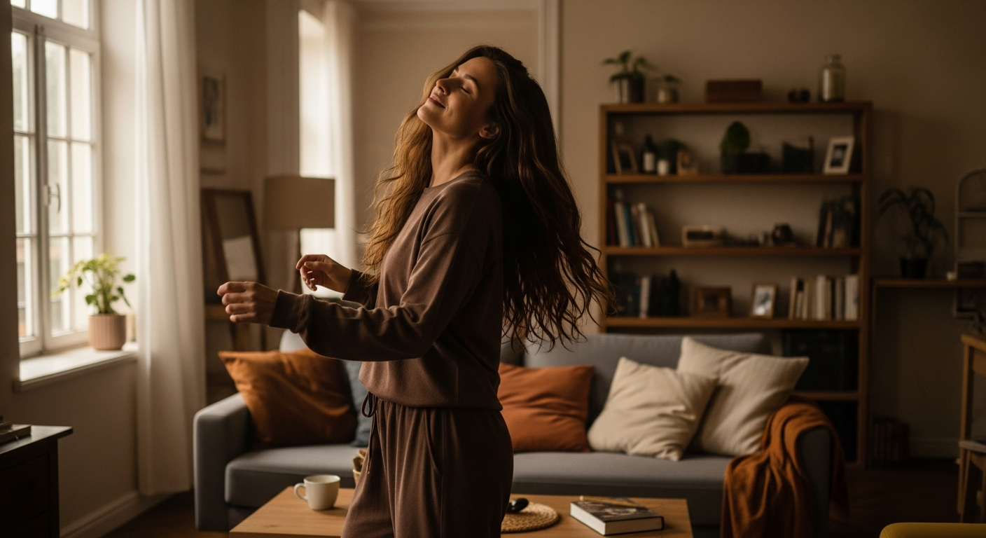 Женщина танцует дома в гостиной